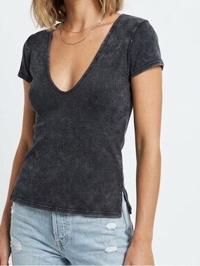 FREE PEOPLE Ribbed Charcoal Grey Black Deep V-Neck Tee T-shirt Top